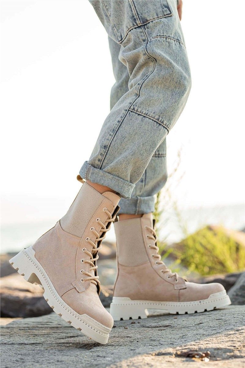 Women's Lace Up Suede Boots - Beige #358753